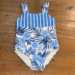 Tommy Bahama Blue and White Floral Stripe Girls' One-Piece Swimsuit